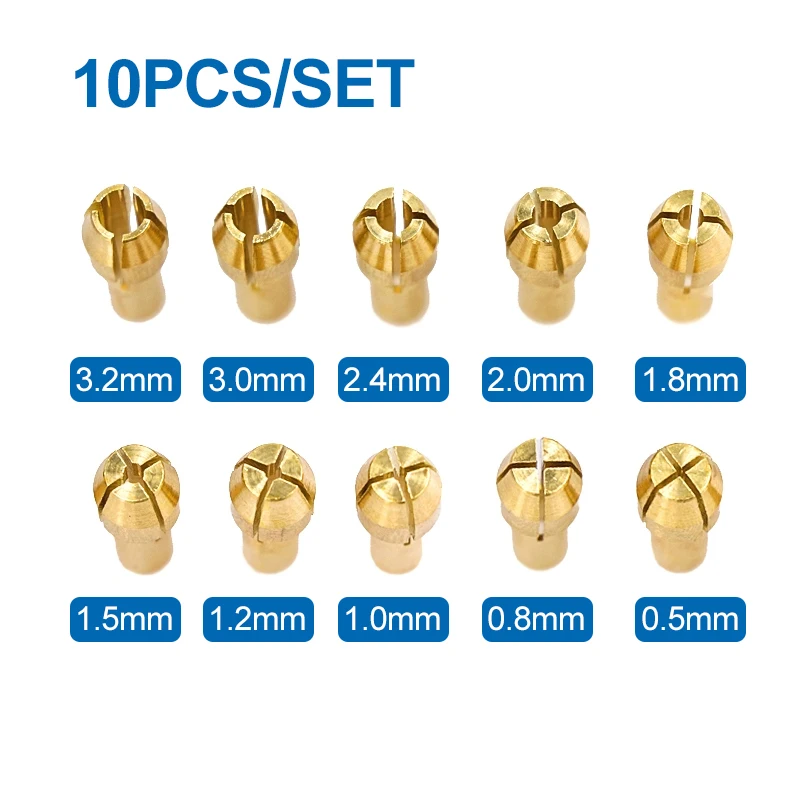 XCAN-Mini Portabrocas de taladro, adaptador de mandril de latón con vástago de 10 piezas, 0,5-3,2mm, 4,3/4,8mm, accesorio para herramienta rotativa