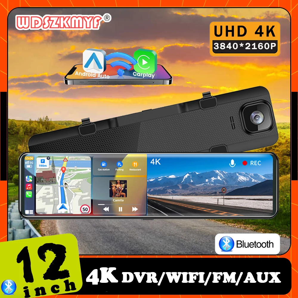 

12” 4K Car DVR Carplay Android-Auto Dash Cam Dual Len Video Drive Recorder Stream Mirror Dashcam Camera 5G Wifi GPS Bluetooth FM