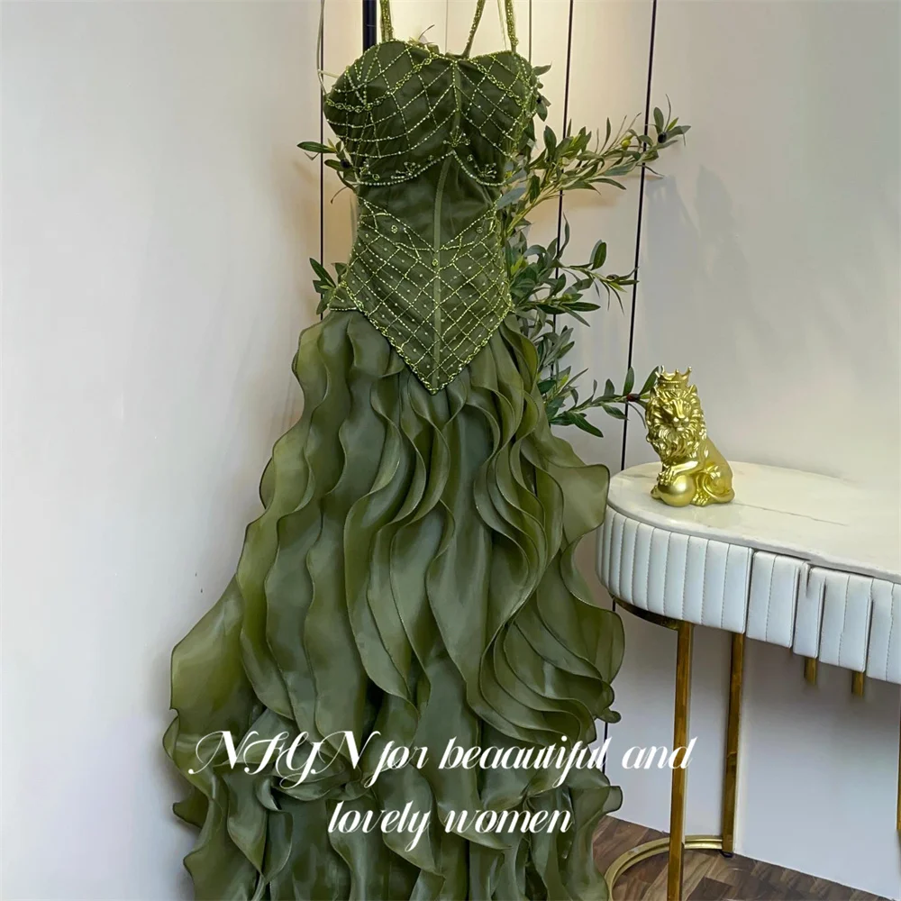 NFYN Green Prom Dress Spaghetti Strap Sleeveless Celebrity Dresses Beading On Chest Women's Evening Dress for Gala Customized
