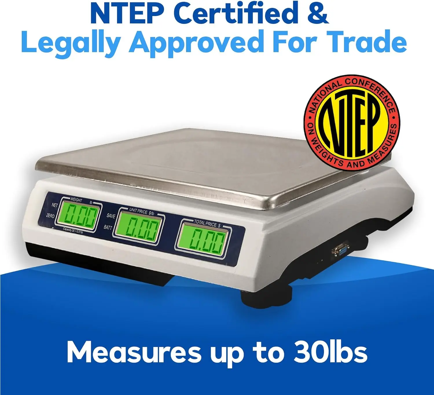 30lb Commercial Scale with 0.01lb Readability - Rechargeable Battery, Dual LCD Display & Removable Platter (COC #04-101A1)