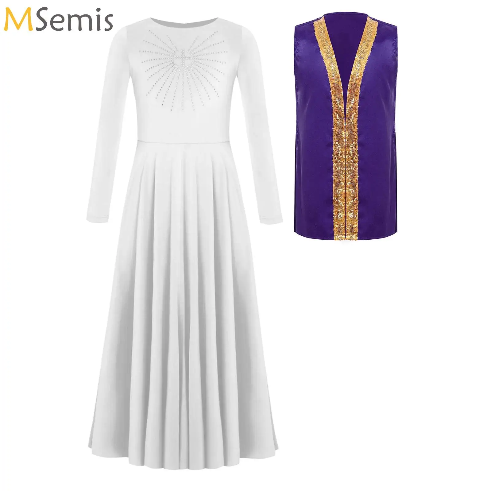 

Kids Girls Liturgical Praise Dance Outfit Worship Ballroom Dance Wear Long Sleeve Metallic Color Block Robe Tops with Dress Set