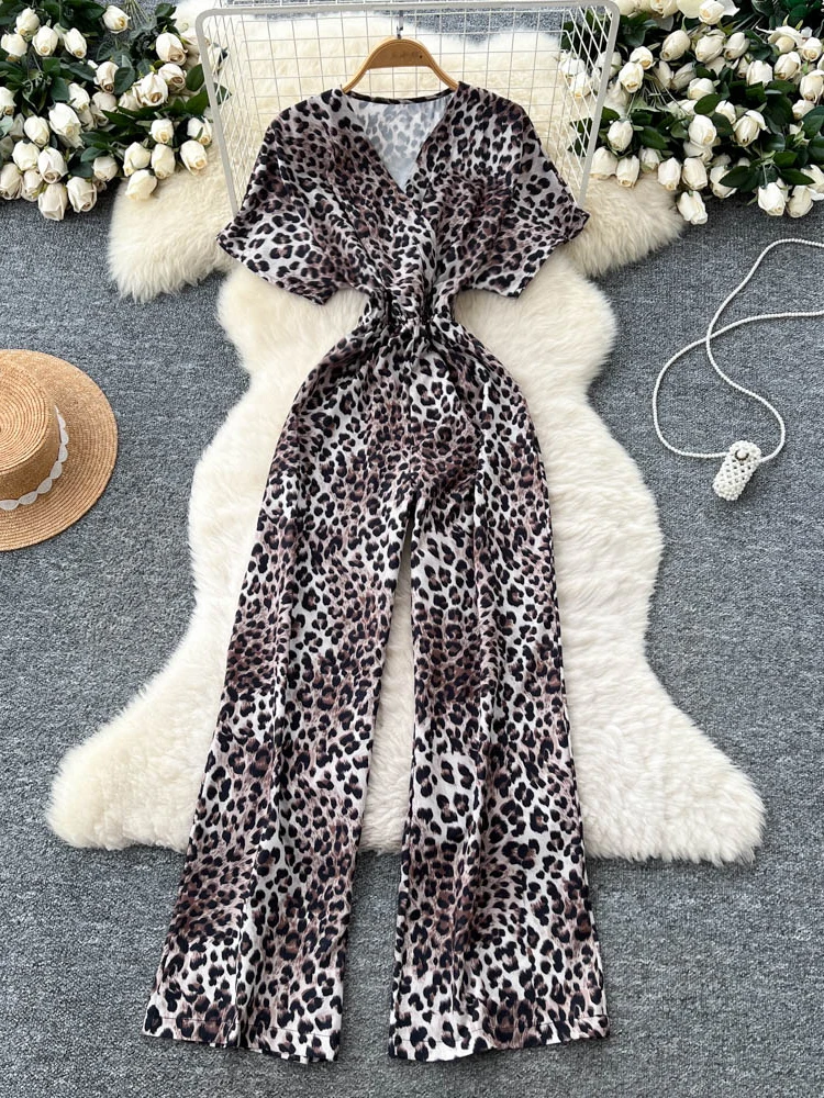 

Vaion Casual Leopard Print One-Piece Pants V-Ne ort Sve High Waist Slimming Straight Leg Commute High Waist Long Pants