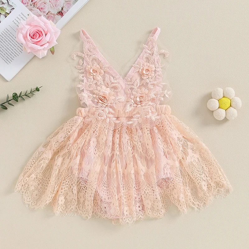 Newborn Baby Girl Summer Clothes Sleeveless V Neck Lace Floral Embroidery Strap Tutu Romper Dress