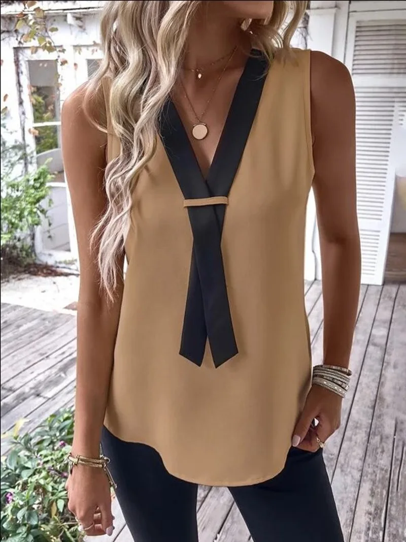 Fashion Sleeveless V-neck Tank Top Women Solid Casual Blouse Shirt 2023 Summer Elegant Office Womens Tops And Blouses