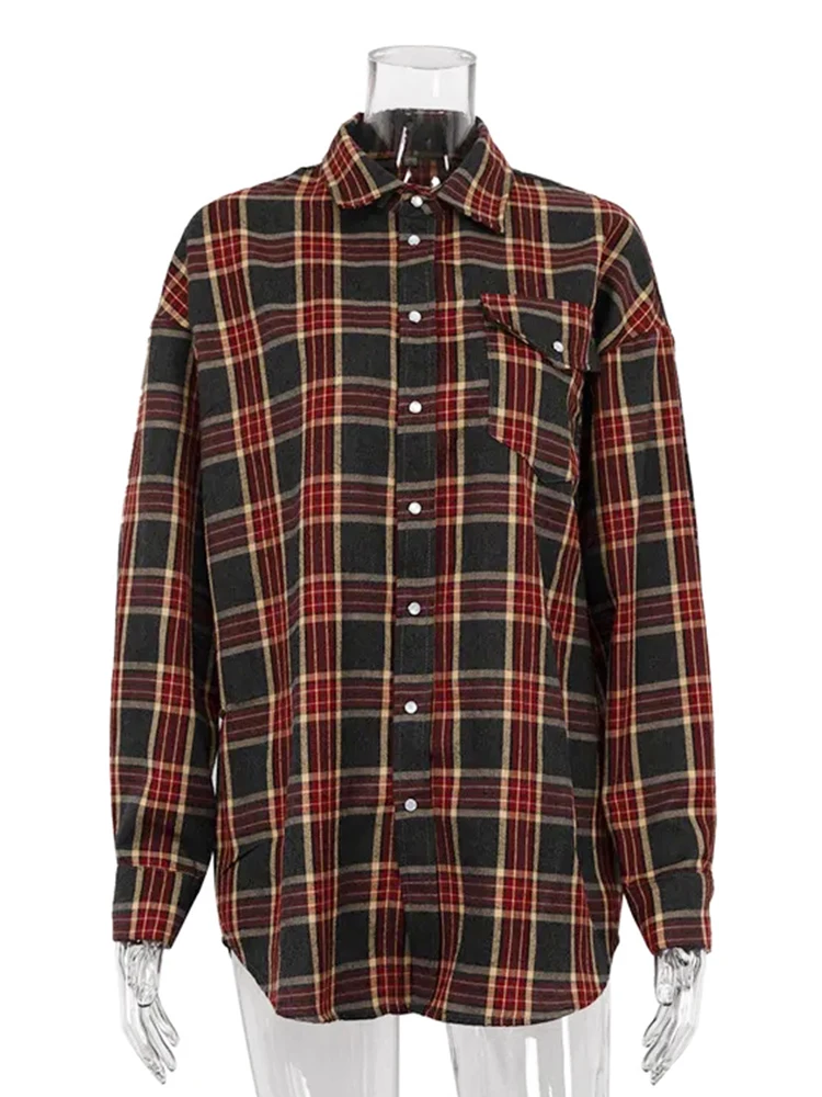 Mueyaruho 2023 Women Winter Vintage Oversized Plaid Shirt Autumn Thick Long Sleeve Loose Fit Classics Blouse Female