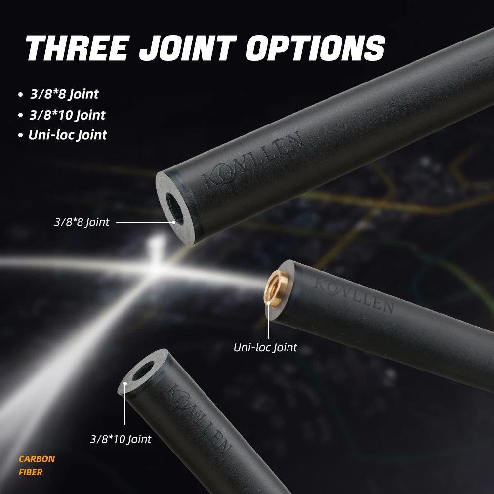 KONLLEN Pool Cue Shaft Carbon Fiber Black Technology 29 Inch 12.5mm Uni-loc 3/8*8 3/8*10 Joint Split Pro Low Deflection Pool Cue