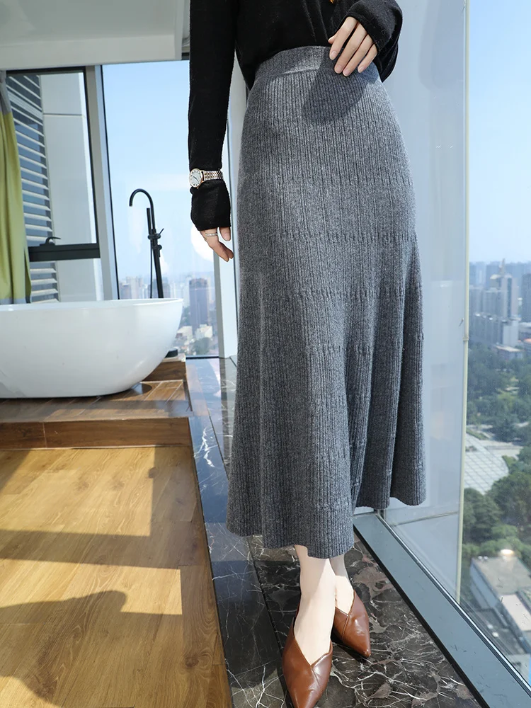 Autumn and Winter New 100% Merino Wool Half Skirt Women\'s High Waist Knitted A-line Skirt Fashion Korean Bamboo Umbrella Skirt