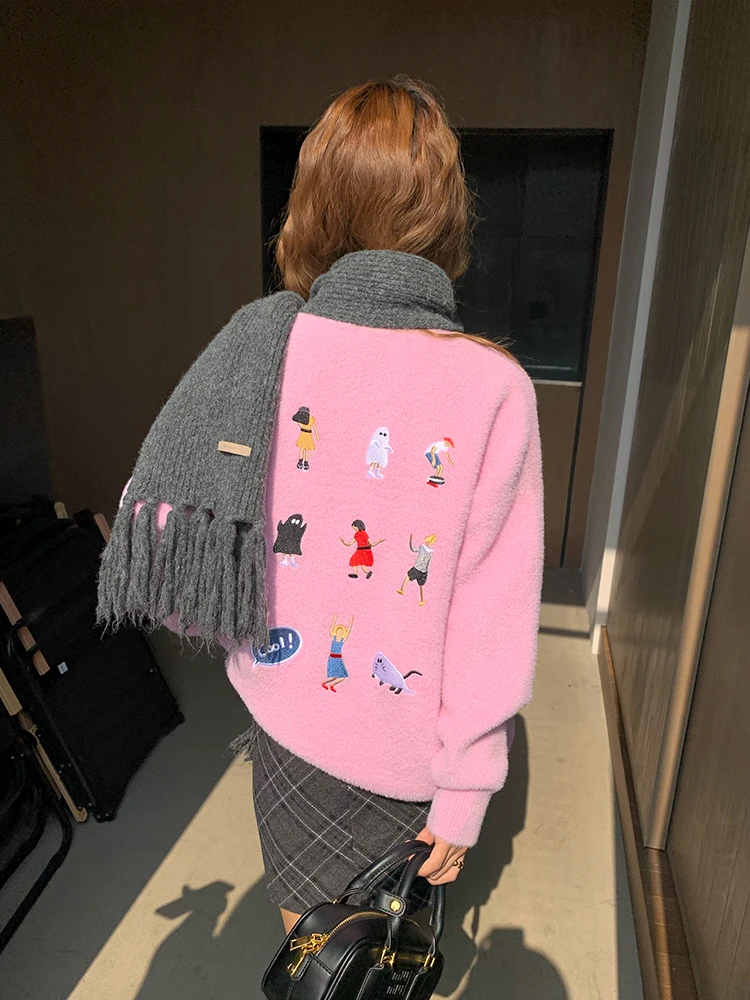 

Ele ort Pink Embroidered Sweater Women's Overhead Knitted Top Telemarketing Sle Straight Tube Cotton Nylon Fiber