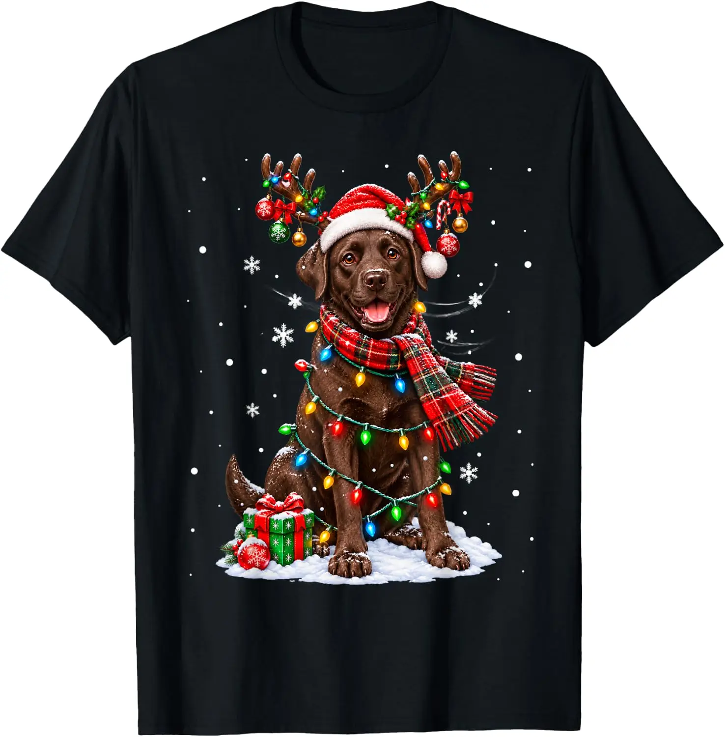 Chocolate Lab Labrador Christmas Tree Light Pajama Dog T-Shirt vintage style tee  boxy fit tee black graphic tee 100% cotton men