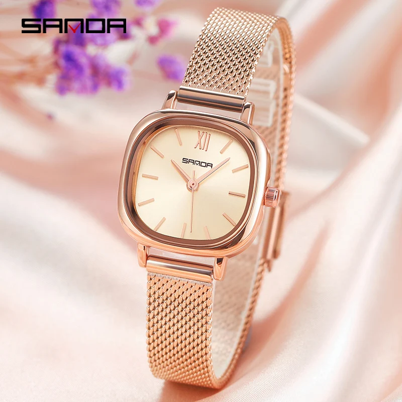 Fashion Sanda Top Brand Women\'s Luxury Rose Gold Dial Quartz Ladies Dress Original Clock Best Steel Leather And Mesh Gifts Watch