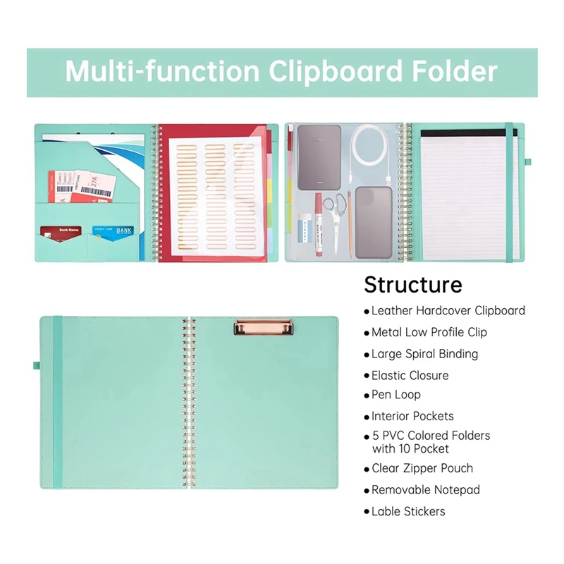 حافظة حلزونية مع حقيبة تخزين بسحاب ، حقيبة خضراء ، مجلدات فوليو ، 5 مجلدات مقسمة