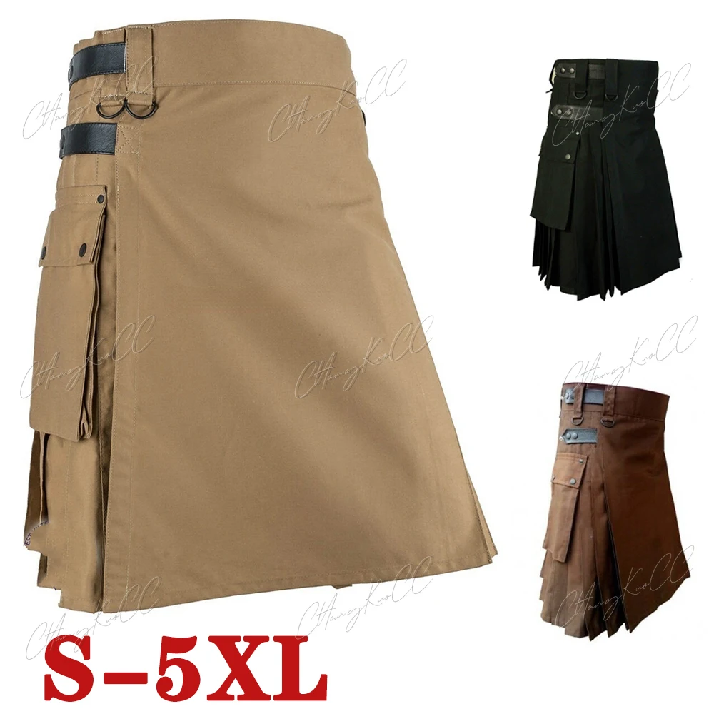 Medieval Cosplay Steampunk Skirts For Men Traditional Costume Solid Color Pleated Skirt With Pocket Retro Halloween Skirt