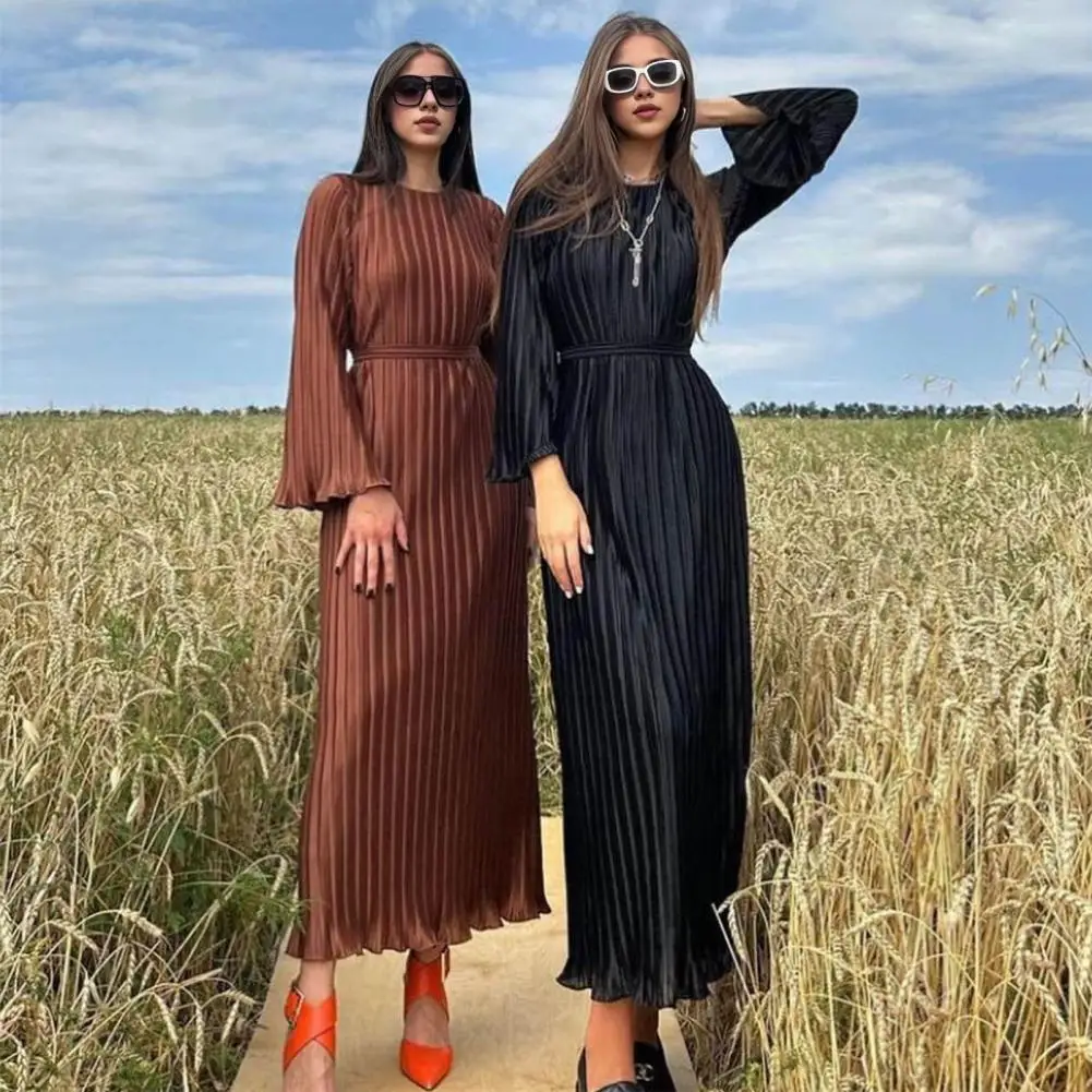 

Striped Pleated Autumn Spring Dress For Women Pleated Bell Sleeve Gown Luxury Round Neck Pleated Maxi Dress Evening Long Dress