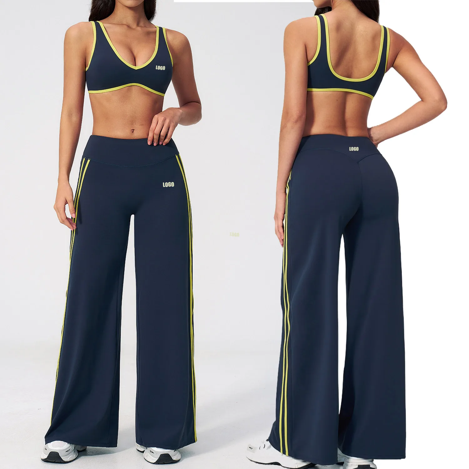 Custom LOGO women's tight yoga color block rest quick-drying fitness clothes running sports bra wide-leg pants two-piece set