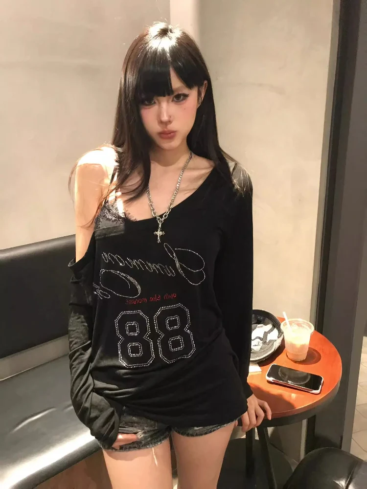 Summer Thin Long Sve T-irt Women's Lace Patchwork Rhinestone Collar Baring Top Korean Sle Casual Comfortable Fit Tee