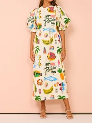 2024 Summer Fashion New Women's Elegant Graffiti Printed Loose Long Vacation Pocket Waist Bubble Sleeves Medium Long Dress