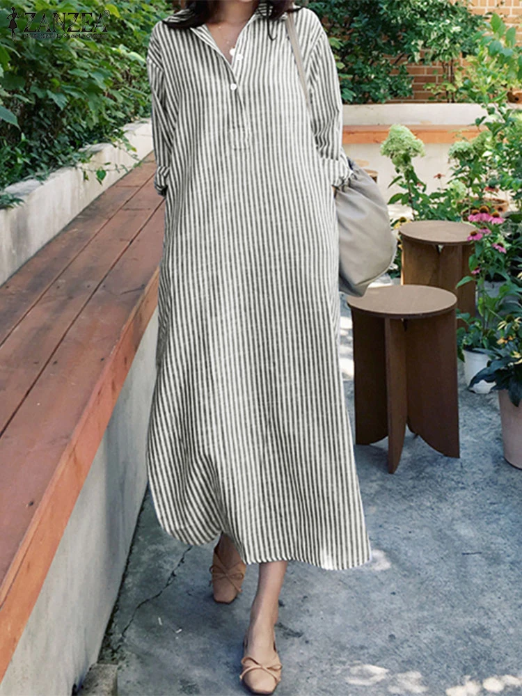 ZANZEA スタイリッシュなストライプ柄シャツワンピース レディース 2025年秋 長袖 ターン ダウンカラー ミディ丈ワンピース ストリートウェア 通勤 ローブ ファム