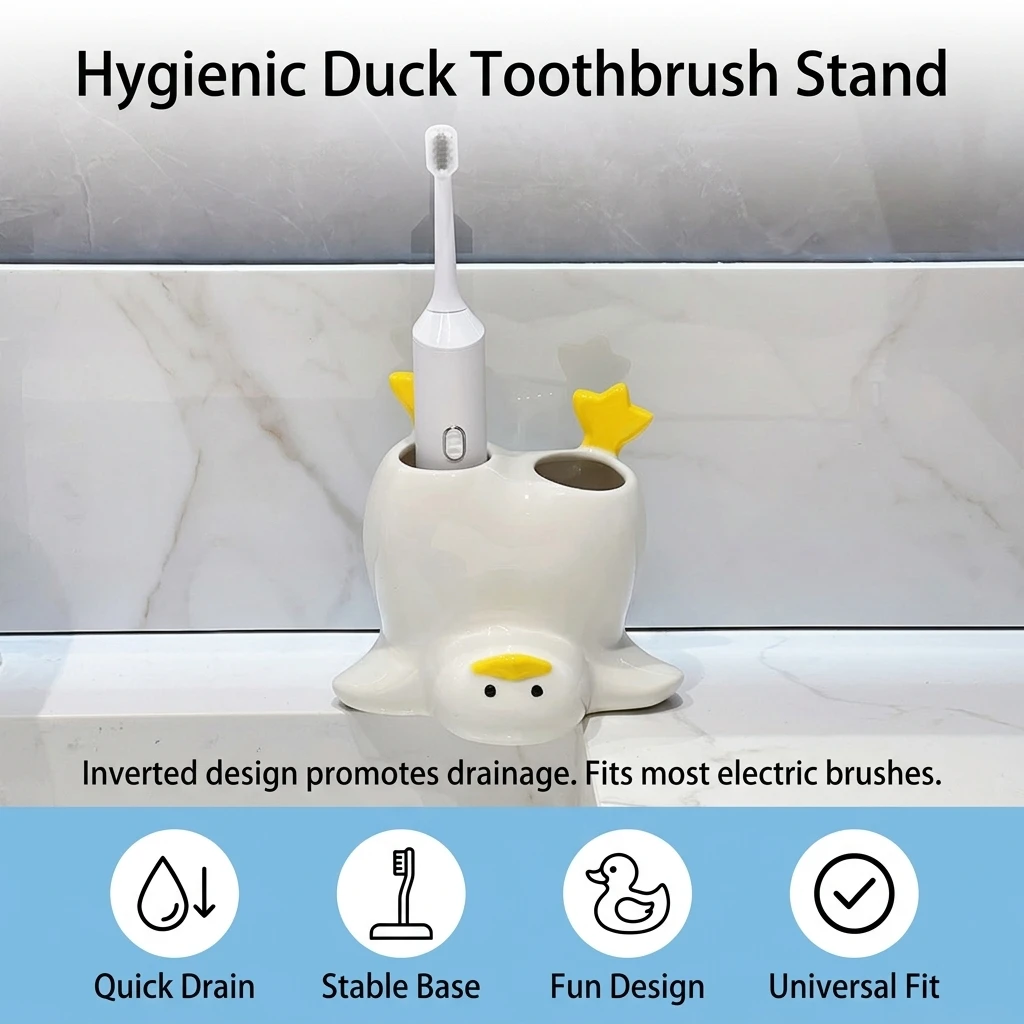 ABS Toothbrush Holder for Bathroom Countertop Family Use Duck Shape Electric Brush Stand Inverted Drain Anti-Slip Base