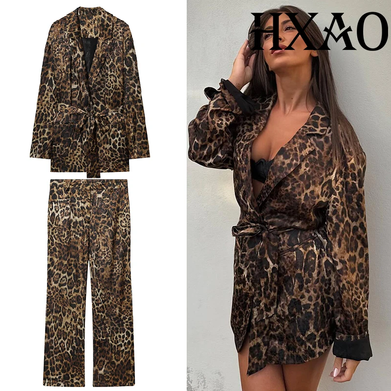 HXAO Leopard Blazer Set And Female Trousers 2 Piece Set Office Wear Woman Long Sleeve Belt Long Blazer And Women's Pants Set