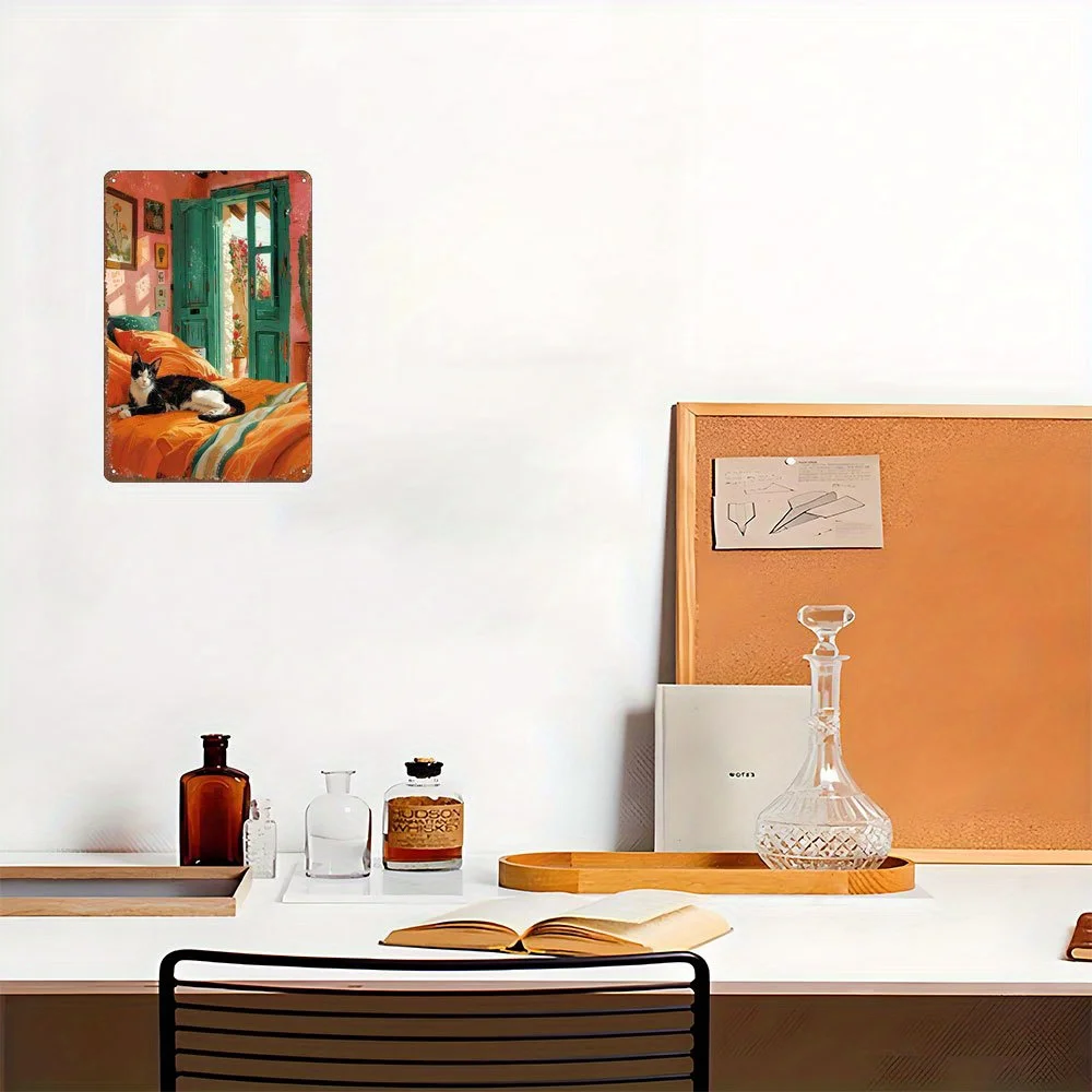 لافتة حائط معدنية عتيقة مقاس 8 × 12 بوصة - فن قطة غريب الأطوار، ديكور بوهيمي ملون للرجال الكهف والبار والمطبخ والمكتب