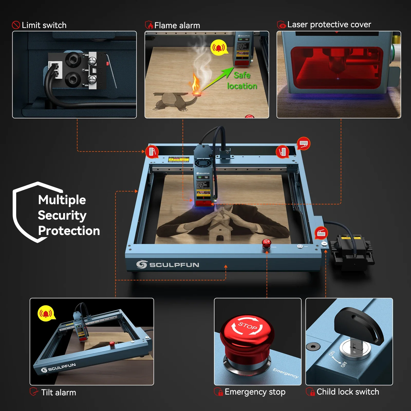 Sculpfun SF-A9 40 Вт лазерный гравер для резки с автоматической подачей воздуха USB/BT/WiFi 400x400 мм рабочая зона для дерева, стекла, металла