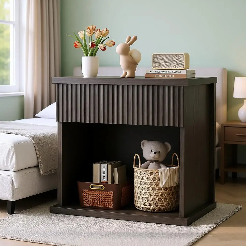 

Wide 22.8 Grey Oak Wood Nightstand with Drawer Storage for Bedroom