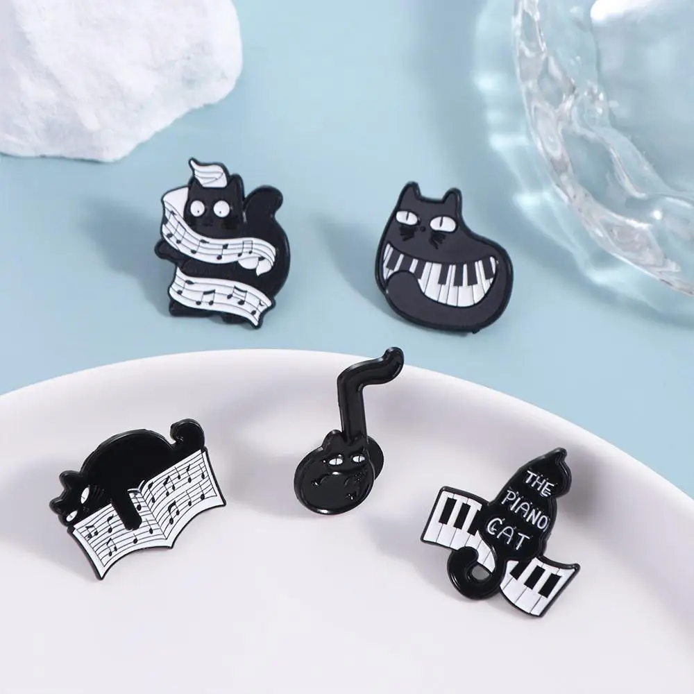 Cartoon Black Cat Enamel Pin Breastpin Electronic Organ Piano Cat Badge Music Score Music Instrument Beating Note Brooch