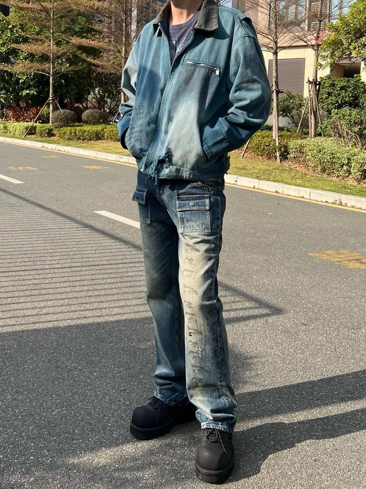 

Undercover Men's Cargo Jeans Eye Print Distred Micro Flared mid Waist Cotton Denim Casual Straight Leg Jeans