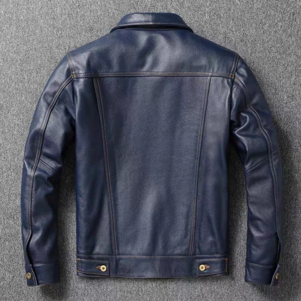 Navy New Blue Top Layer Cowhide Genuine Leather Men's Short Slim Fit Retro Motorcycle Lapel Casual Jacket Trendy