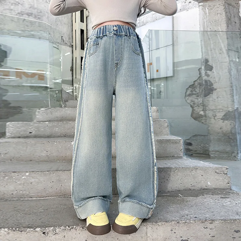 

Junior Girls Denim Pant Autumn Retro Heart Embroidery School Girls Straight-leg Pant Button Elastic Waist Children Girls Jean