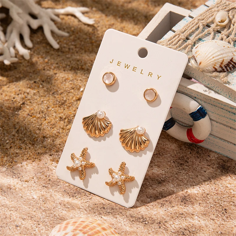 

3pairs Resin Bohemia Golden Color Shell Starfish Shaped Hoop Dangle Earrings for Women Shell Metal Ear Hook Earrings Handmade