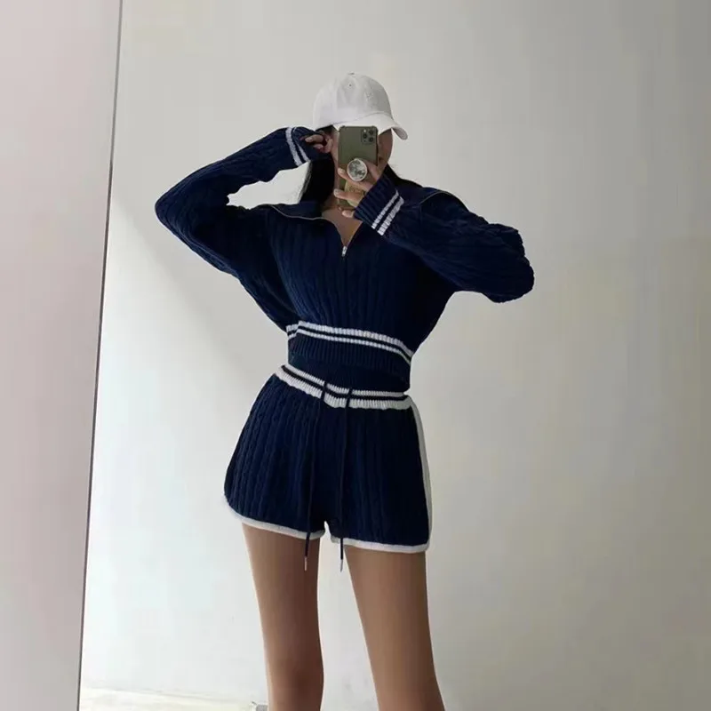 Casual Simple Sweet Women's Knitted Two-piece Set Fashion Korean Turn-down Collar Short Sweater High Waisted Straight Leg Shorts