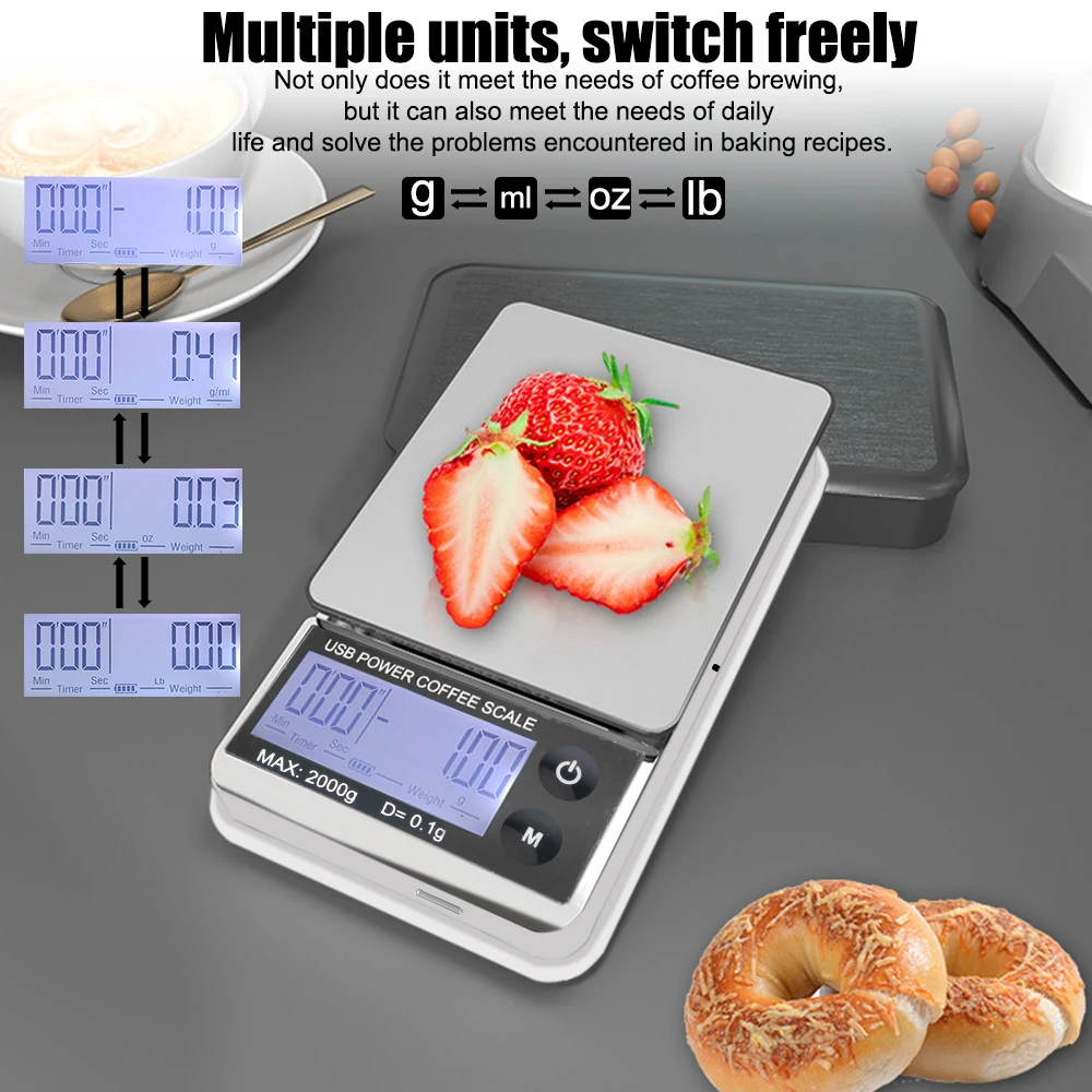 Digital Kitchen Coffee Scale 1000g/0.01g Mini Pocket Scale Auto Timer Cyclic Rechargeable Electronic Scale High Precision