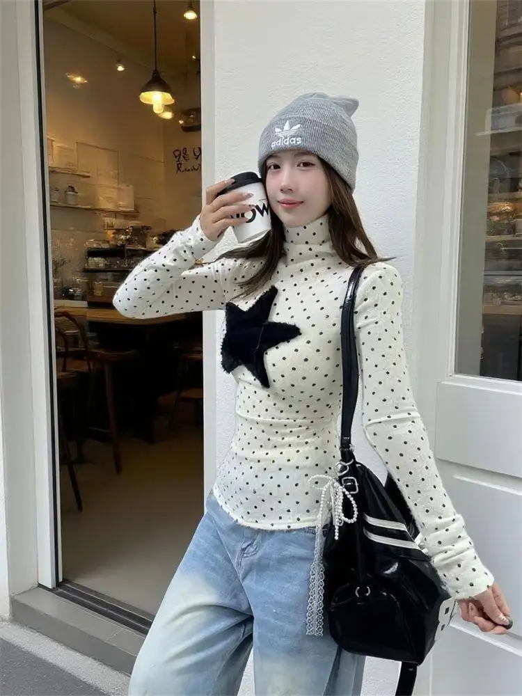 Y2K Polka Dot Tshirt Women Retro Sweet Pile Collar Long Sleeve Korean Style Age Reducing Slimming Top
