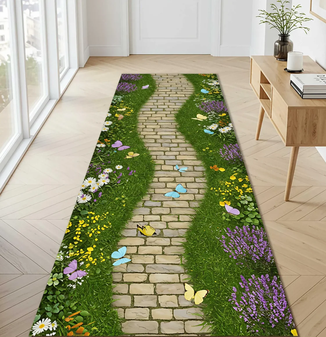 

Runner Rug Stone Path Butterfly Floral Pattern Non Slip Print Floor Runner for Hallway Entryway Bedroom