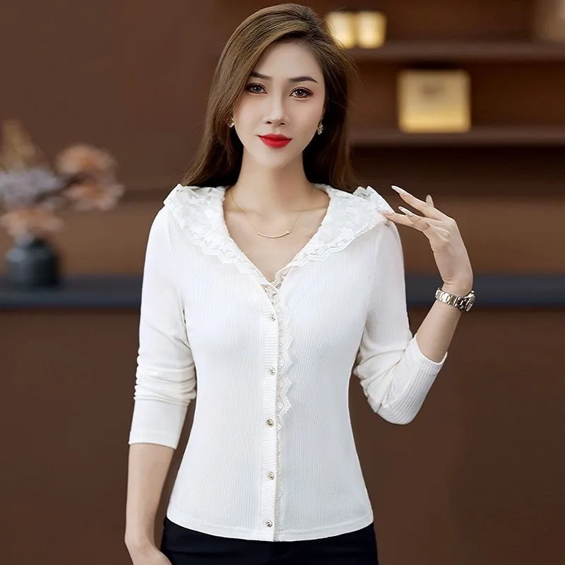 

Женский пуловер на пуговицах, кружевной лоскутный кардиган с капюшоном и длинными рукавами, универсальный модный и повседневный топ