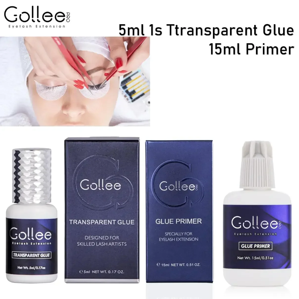 

Gollee Transparent Eyelash Extension Glue & Lash Primer 1-2S Fast Drying 6 Week Clear Eyelash Adhesive Professional Supplies