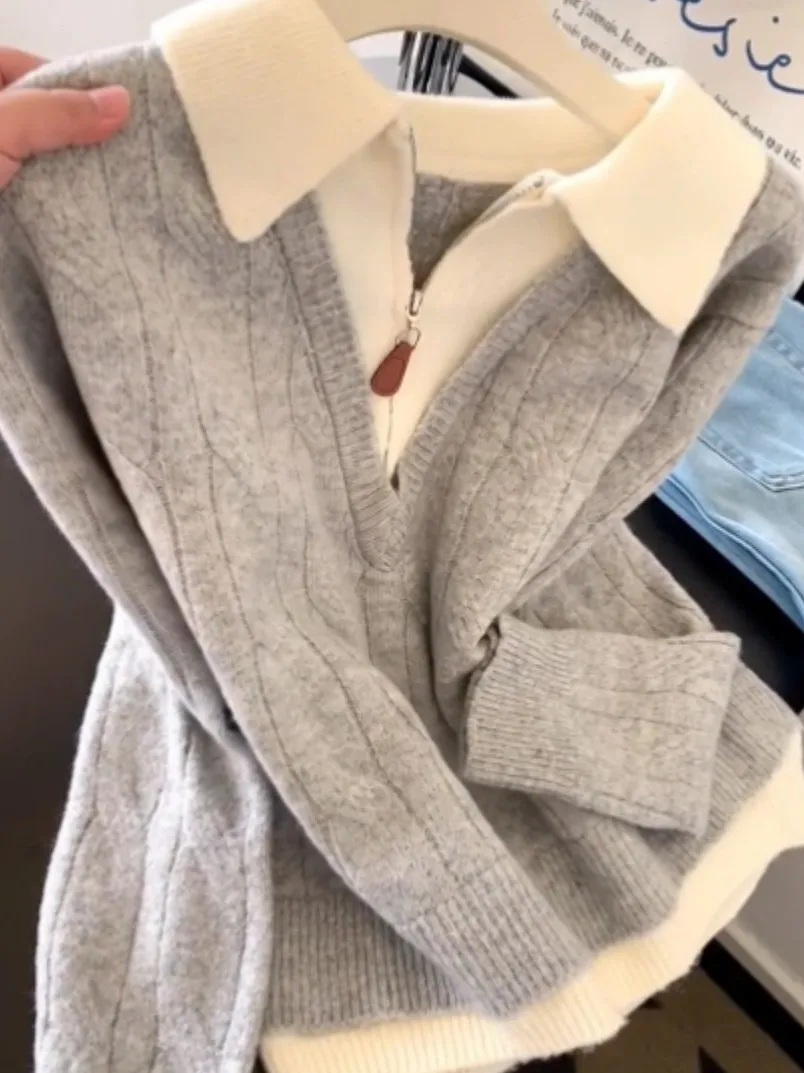 ay محبوك سترة مع f سستة المرأة Faion عادية فضفاضة تناسب الدافئة ملابس خارجية مباراة داخلية الخريف الشتاء الملابس #1