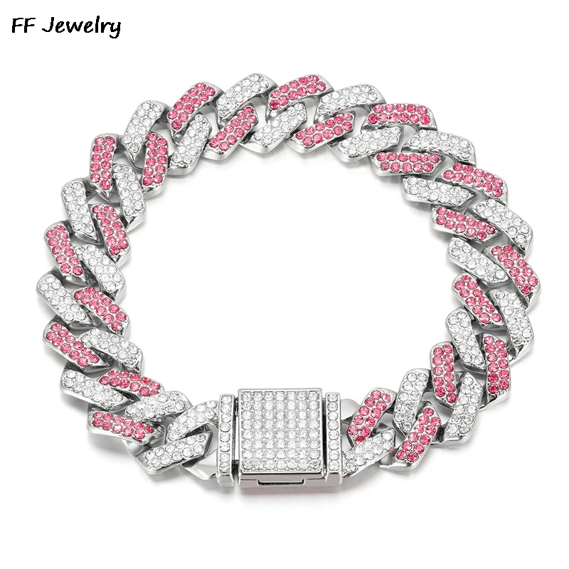 14mmHip Hop Shiny Cuban Link Chain Bracelets Women Men  PINK  Color Rhinestone Iced Out Chain Bracelets Punk Wristband Jewelry