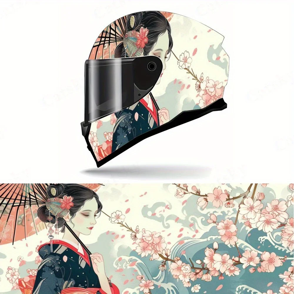 Adesivo de vinil para capacete de motocicleta com estampa de geisha artística e cultural com flor de cerejeira, decalque gráfico de corrida para capac