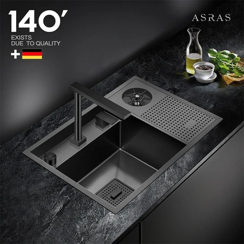 

Asras High Pressure Cup Washer, Black Nano Invisible Handmade Single Bowl Kitchen Sink with Stainless Steel Countertop