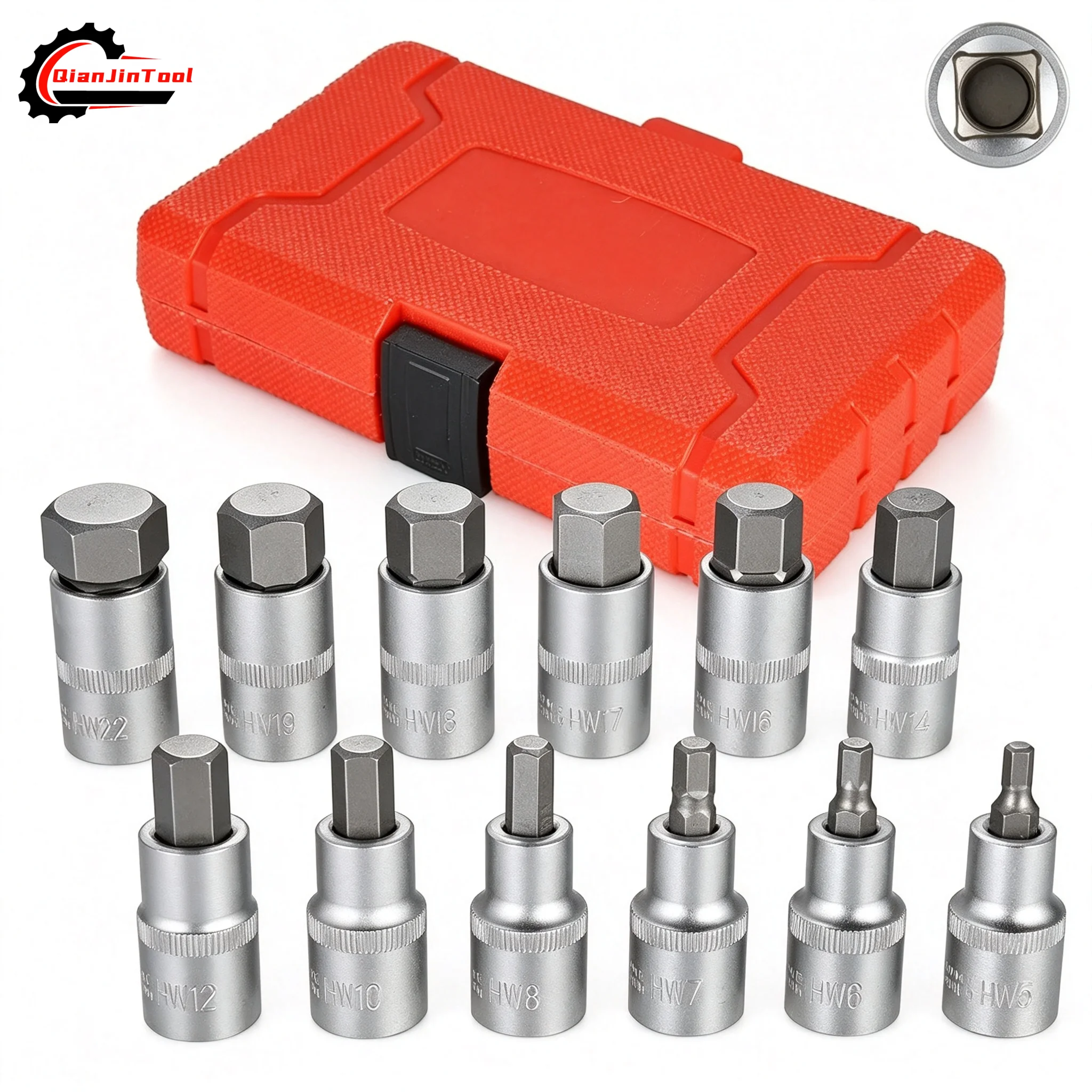 12Pcs Square Sleeve 1/2'' Socket Wrench Drive Impact Hex Bit Set H5 H6 H7 H8 H10 H12 H14 H16 H17 H18 H19 H22 Repair Tool Set