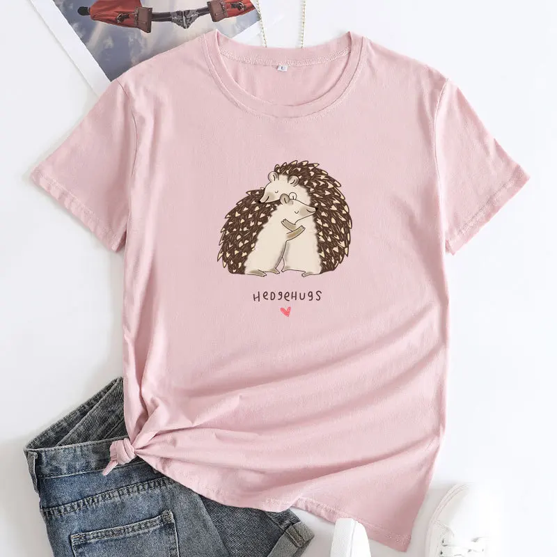 JFUNCY 2024 Summer Women T-shirt Short Sleeve T Shirts Oversized Cotton Woman Top Cute Hedgehog Graphic Tees Female Tshirt