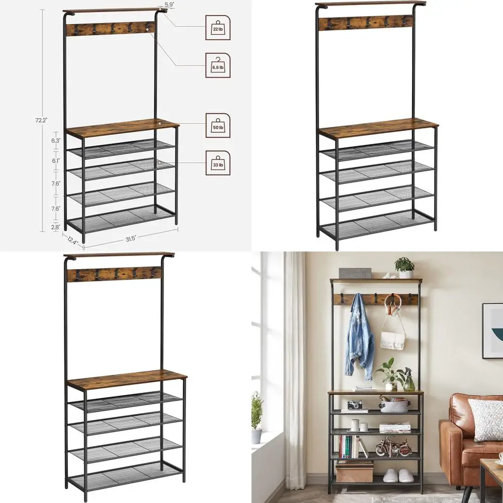 

Прихожая тумба-скамья для обуви с вешалкой для одежды, 5-уровневая полка для обуви разной высоты, двойные крючки, верхняя полка, органайзер для прихожей, спальни