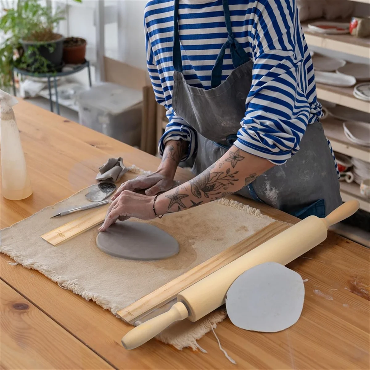 

AA98 12 Pcs Pottery Tools 1 Wood Rolling Pin 1 Pottery Wedging Board/Linen Tablecloth and 10 Pcs 5 Size Teaching Rolling