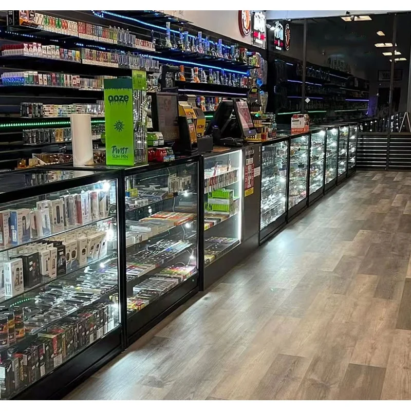 Mostrador de vidrio LED de 48 pulgadas, marco de aluminio, escaparate de tienda de humo, venta al por menor, personalizado