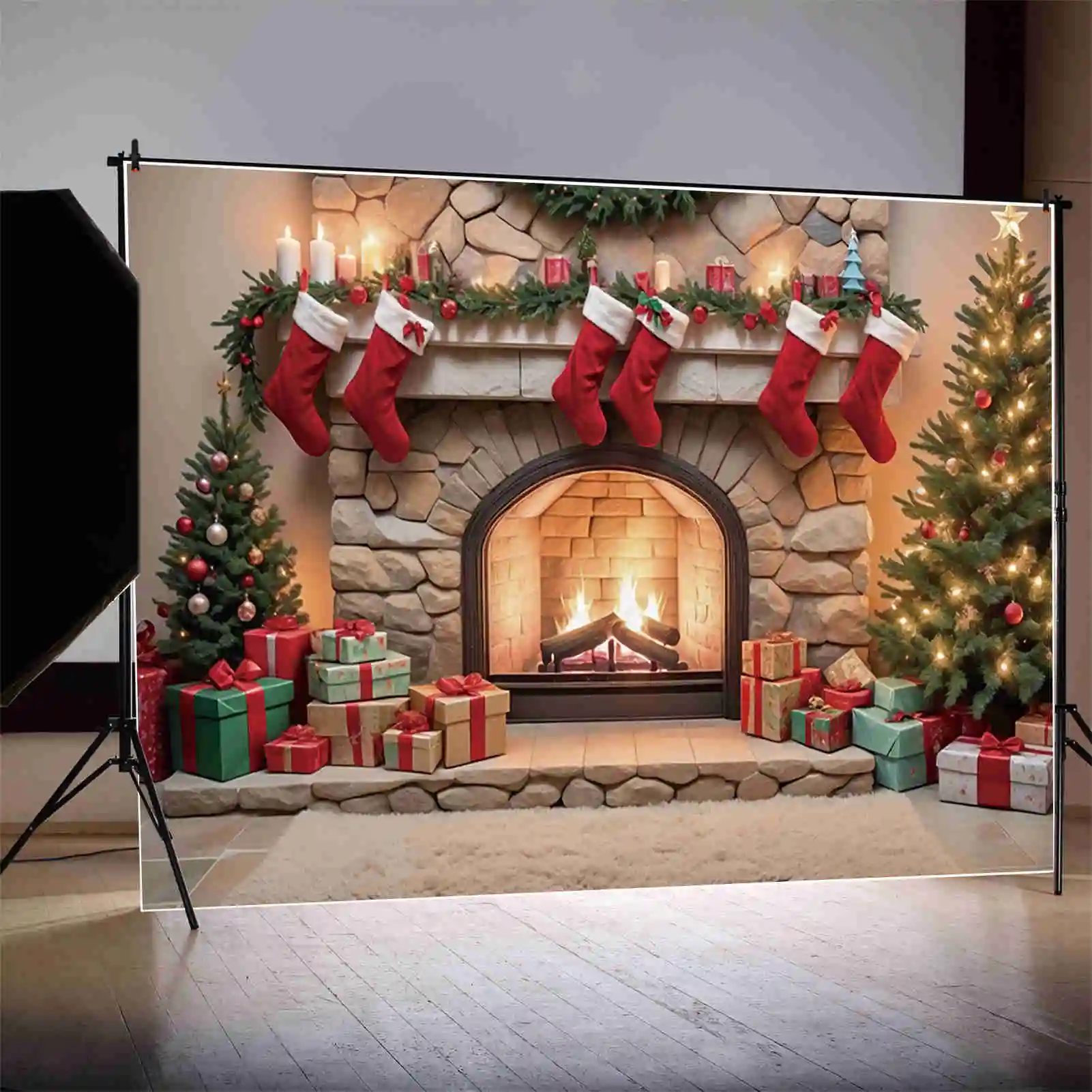 MOON.QG Christmas Fireplace Gifts Christmas Trees Backdrops Brick Stove Frame Vintage Indoor Backgrounds Party Photography Props