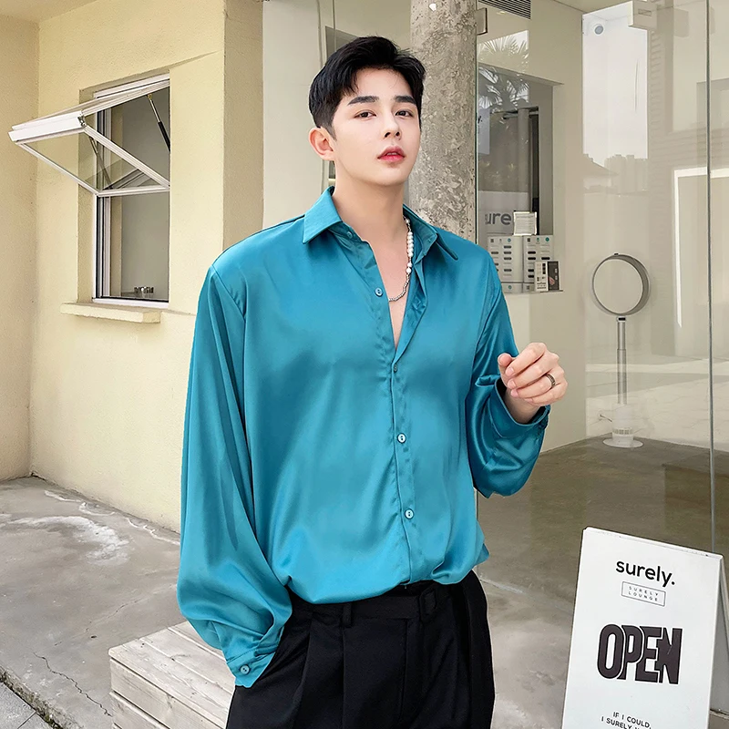 Men Streetwear Vintage Fashion Silk Style Fabric Loose Casual Long Sleeve Dress Shirt Man Harajuku Retro Shirts Male Blouse