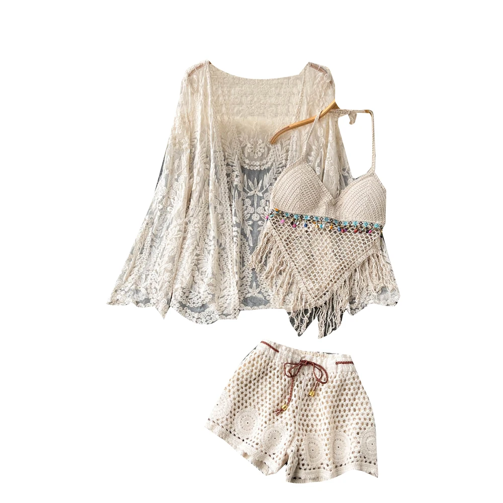 Summer New Sle Lace Embroidery Hollow out Ne Hanging Braid Top orts Tee Piece Set Women's Faionable Holiday Theme