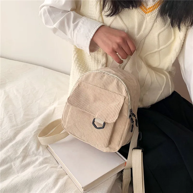 Fashion Women Mini Backpack Solid Color Corduroy Small Backpacks Simple Casual Student Bookbags Traveling Backpacks 2023 New